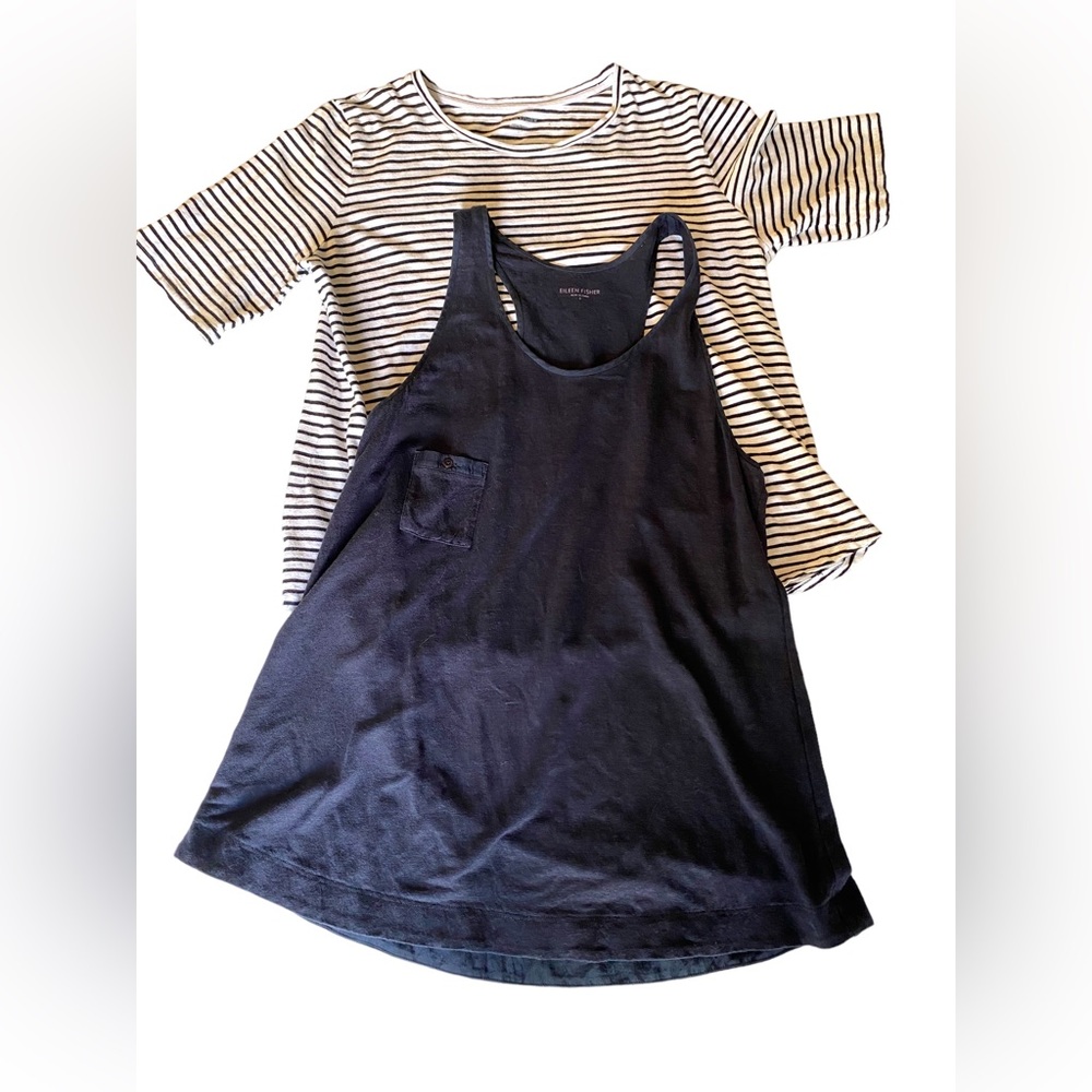 Eileen Fisher Bundle Black Linen Tank Black &White Stripe Cotton Tee Both Small